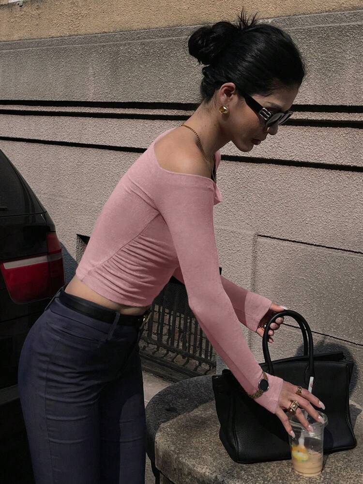 1pc Women's Minimalist Solid Color Asymmetrical Open Shoulder T-Shirt, Casual & Fashionable For Daily Wear Y2k Long Sleeve Women Tops,Fall Women Clothes