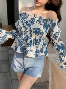 DAZY Blouse met off-shoulder bloemenprint en ruches voor dames