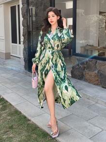 DAZY Đầm sơ mi midi cạp rộng in hoa toàn thân cho nữ, quần áo mùa thu cho nữ, áo dài tay - màu xanh lá - Xem 6