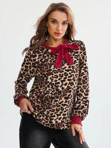 Wildy Women's Leopard Print Bowknot Casual Pullover Hoodie, Spring Collection Bow Top Leopard Print Graduation,Back To School Outfits,Graduation,Teacher Outfits For Women,Back To School