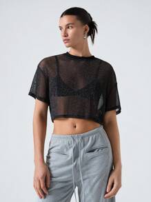 SHEIN EZwear 夏季黑色閃爍網眼透視短袖上衣 - 黑色 - 查看 3