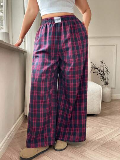 Solflare 情人节，大码女式休闲格子印花裤，带口袋和松紧腰带，宽松阔腿裤，适合日常穿着