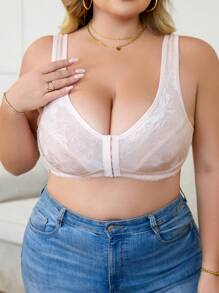 1pc Plus Size Lace Front Closure Full Coverage Jacquard Front Torso Seamless Wirefree Lingerie Bra - Coral Pink - View 4