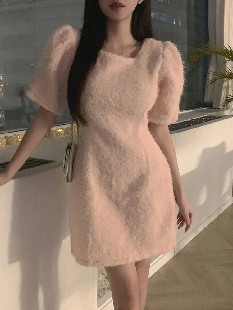 Women Solid Color Elegant Square Collar Waist Defined Short Baby Pink Bodycon Dress Cocktail Dress