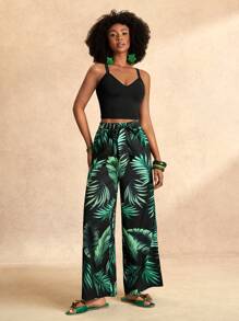 Zivah Black Fitted Spaghetti Strap Crop Top And Loose Wide Leg Pants/Baggy Pants/Flowy Pants/Palazzo 2-Piece Set - Casual Beach/Boho/Festival/Rave/Easter/Old Money/Country Concert/Going Out/Fairycore/Airport/Western/Tropical Vacation Outfits For Women - Multicolor - View 4