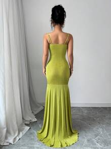 Chiquease 橄榄绿色女士细肩带连衣裙，超喇叭形，性感简约音乐节优雅日常穿着，弹性针织，春夏 - 橄欖綠 - 查看 3