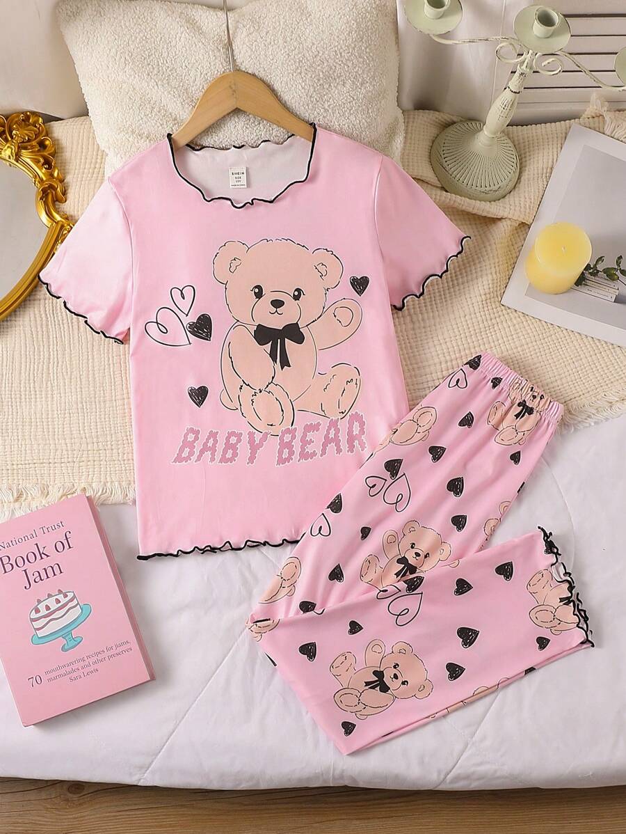 2 件套女孩休闲粉色熊印花设计短袖上衣和裤子睡衣套装，舒适时尚 - 粉色 - 查看 1
