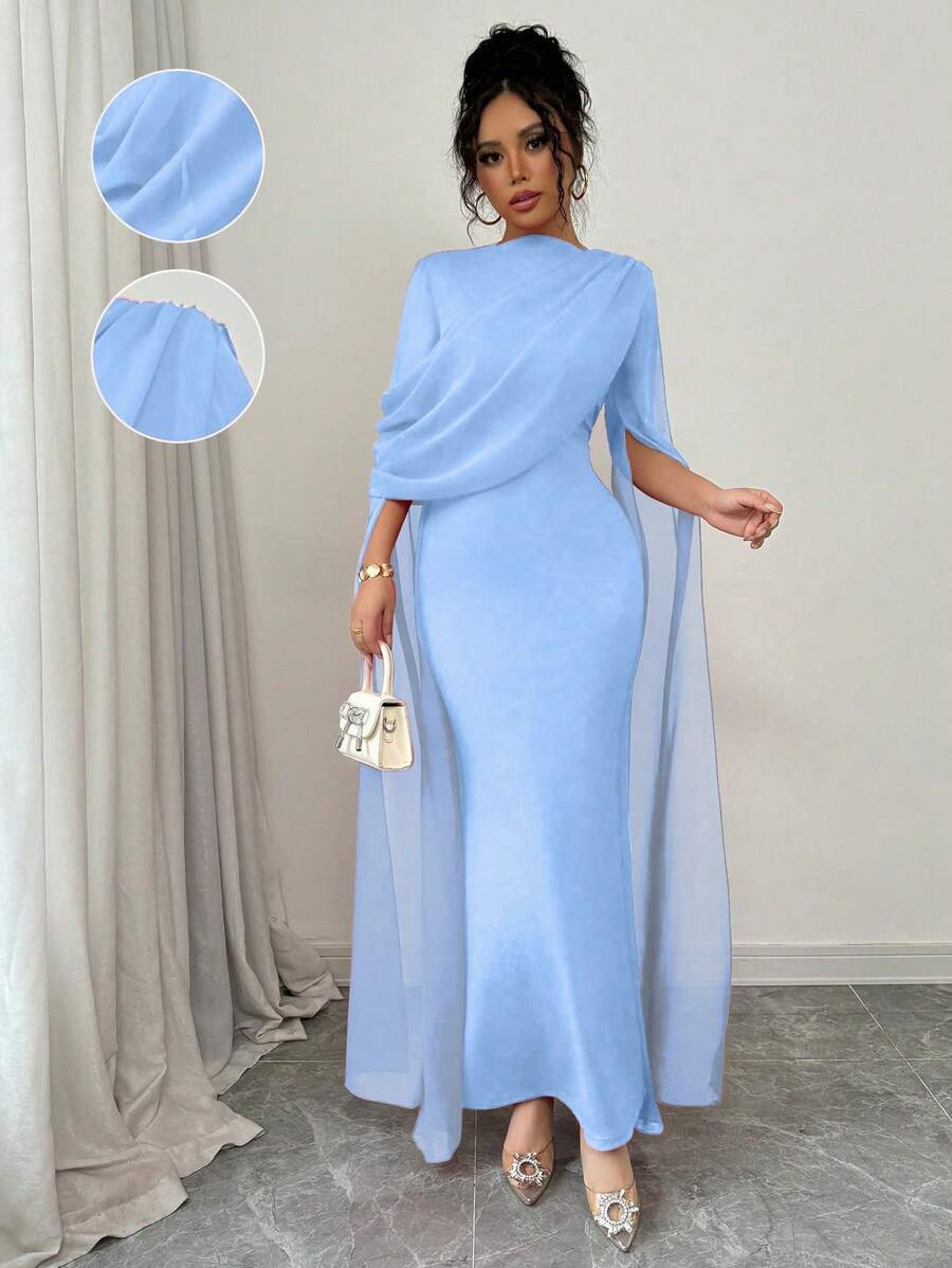 Rafferiza Elegant French Fashion Gown, Wrap Around Sheer Frill Shoulder Design, High Slit Waist Tight Bodycon Party/Banquet Dress, Stretch Knit Red Long Sleeve Dress, Autumn/Winter Fall Cloth For Women - Baby Blue - View 1
