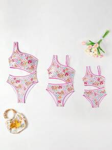 SHEIN Tween Girls Ditsy Floral Printed One-Piece Swimsuit, Cute Vacation Swimwear - Multicolor - View 3