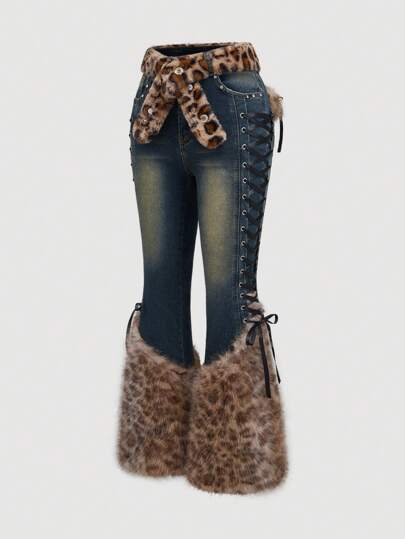 Goth Plus Size Vintage Distressed Light Color Patchwork Furry Leopard Print Jeans