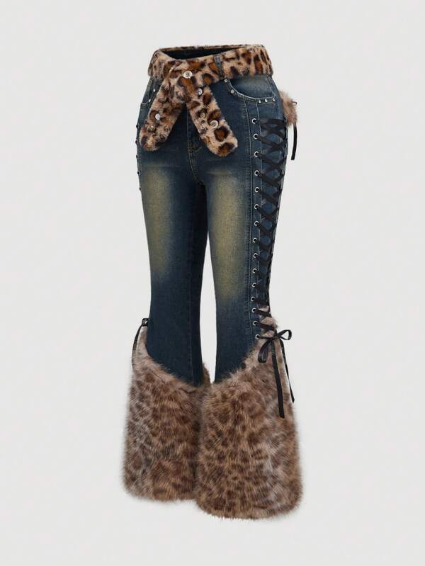 ROMWE Goth Spring/Summer Plus Size Vintage Distressed Light Color Patchwork Furry Leopard Print Jeans