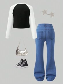 SHEIN 青少年女孩休闲星星印花圆领上衣和喇叭牛仔裤两件套服装 - 中等水洗藍 - 查看 2