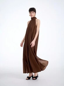 Aalyst Vestito lungo da donna con tasche, stile monocolore, con scollo a canottiera, adatto per la primavera/estate - Caffè Marrone - Visualizzare 8