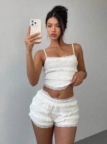 Aloruh 优雅简约蕾丝边吊带背心和迷你热短裤套装，适合居家或户外穿着 - 米色 - 查看 6