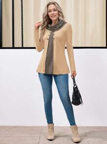 Miaspire 女式纽扣衬衫 女式长袖衬衫 通勤服装 黑色拼色格子女式长袖高领衫 女式 T 恤 - 卡其色 - 查看 3