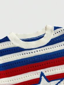 ROMWE MEN Street Life Men's Star Short Sleeve Knit Tops, Spring/Summer Vacation - Blue and White - View 3