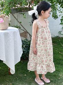 DAZY 少女碎花印花无袖睡裙，夏季假期复活节 - 米色 - 查看 6