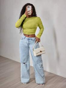 BamGleam Women's Ruched Long Sleeve Cropped Top, Casual & Vacation Wear Fall Cloth For Women - Olive Green - View 1