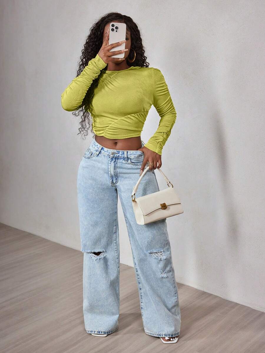 BamGleam Women's Ruched Long Sleeve Cropped Top, Casual & Vacation Wear Fall Cloth For Women - Olive Green - View 1