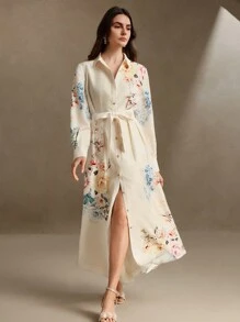 Anewsta Elegant Linen-Like Printed Tie Waist Floral Midi Dress, Spring Outfit For Women - Yellow - View 4