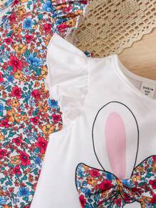 2pcs/Set Young Girls Ditsy Floral And Cute Rabbit Pattern Knit T-Shirt Set - White - View 4