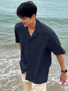 DAZY 男士纯色短袖休闲衬衫，夏季度假 - 藏蓝色 - 查看 6