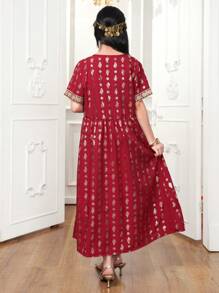 2 件青少年女孩休闲简约短袖夹克和连衣裙套装，日常穿着 - 黑色 - 查看 2