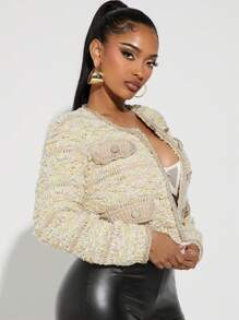 SHEIN SXY Niche Style Round Neck Multiple Pockets Decorative Mixed-Color Knitted Cardigan - Apricot - View 4