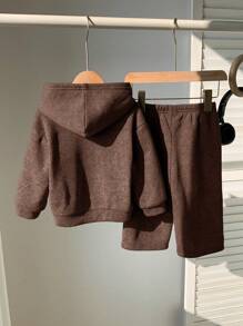 SHEIN Set de 2 piezas con sudadera con capucha y estampado de copos de nieve + pantalón de chándal de cintura elástica de unicolor, adecuado para niño/niña, fiestas de cumpleaños, baby shower, adecuado para otoño/invierno interior y exterior