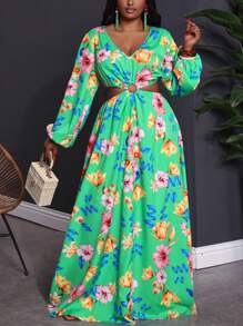 Slaydiva Plus Size Women's Green Floral Maxi Dress: Boho Style Woven Fabric With V Neck And Long Sleeves For A Flowing, Flared Silhouette - Green - View 1