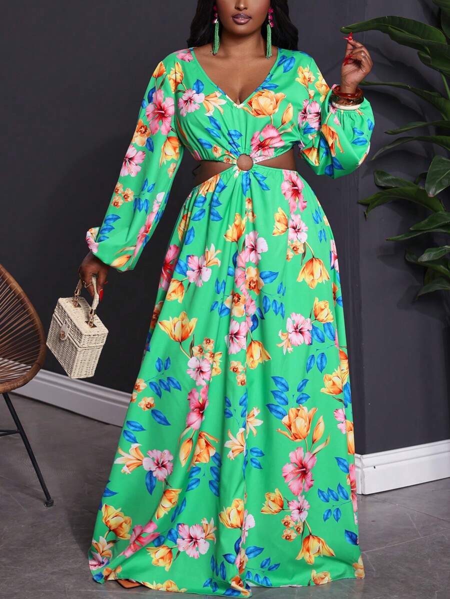 Slaydiva Plus Size Women's Green Floral Maxi Dress: Boho Style Woven Fabric With V Neck And Long Sleeves For A Flowing, Flared Silhouette - Green - View 1