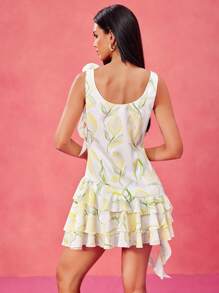 Becci Designer White And Butter Yellow Lemon Printed Deep V Neckline Ruffled Mini Sun Dress With Flower Details For Spring And Summer, Wedding Festival, Tropical, Beach, For Women, Concert, Vacation, Boho, Concert Outfit, Prom Dress - White - View 2