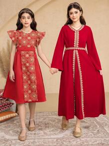 Tween Girls Elegant Embroidered Splice Cap Sleeve Dress - Green - View 3