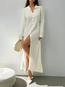 EURMUSE Casual Polo Neck Metallic Button Down Rib Knit Ruffle Hem Maxi Knitted Pure White Dress - White - View 4