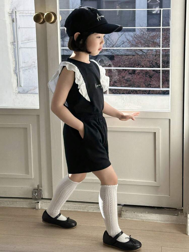 2pcs/Set Young Girl Casual Minimalist Sleeveless Top And Shorts Set, Everyday Wear,Girls Summer Outfits