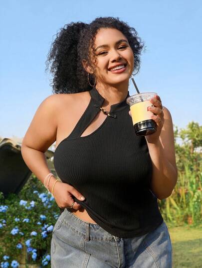 SHEIN EZwear 大码中国旗袍领无袖黑色背心