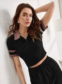 2pcs Women Collared Pullover Loungewear Set, Black & Pink - Multicolor - View 3