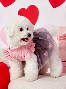 PETSIN 1 قطعة فستان كلب أنيق وجذاب بأكمام وردية بطبعة قلوب وشبك لامع لعيد الحب