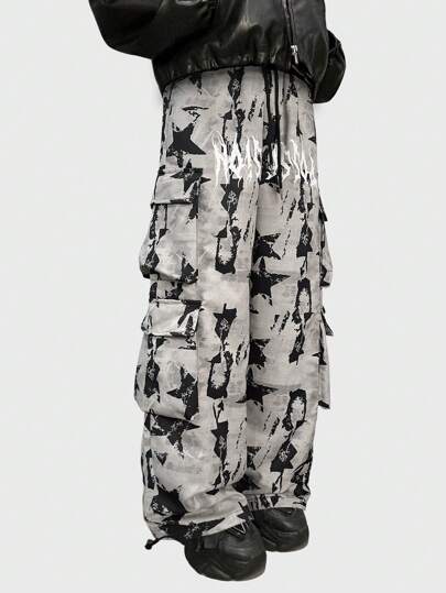 Grunge Punk Men's Five-Pointed Star Print Cargo Pocket Wide-Leg Pants