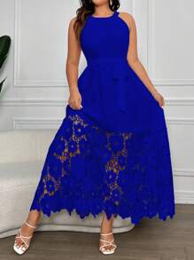 SHEIN Clasi 大码女式纯色花朵镂空优雅吊带裙