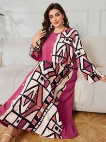 Lacomfia Robe imprimée géométrique à patchwork à manches longues pour grandes tailles