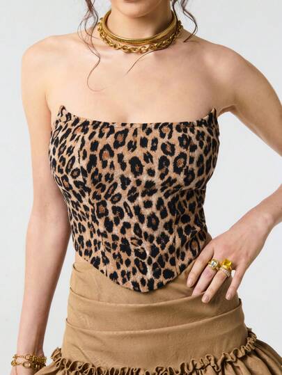 SHEIN Unity Leopard Print Curve Hem Corset Bandeau Top