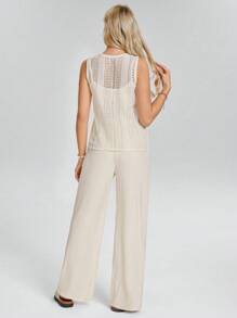 SHEIN LUNE Beach Western Wear Women 2pcs Women Set: Round Neck Hollow Out Vest And Long Pants - Apricot - View 2