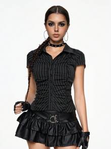ROMWE Grunge Punk Women's Striped Fitted Short Sleeve Single-Breasted Cinched Waist Shirt,Summer , Summer Outfits ,Summer Clothes,Summer Outfits For Women
