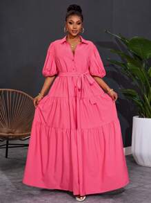 Slaydiva فستان ماكسي بأكمام قصيرة وخط A برزنتة مجعدة باللون الصلب للنساء ذوات الحجم الكبير موديل 2025 الجديد للربيع - روز أحمر - مشاهدة 5