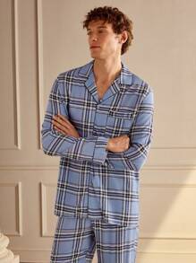 Manfinity Men Front Button Long Sleeve Plaid Simple Top And Pants Pajama Set - Blue - View 4