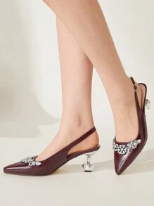 CUCCOO CHICEST 时尚优雅配色蝴蝶结米色尖头高跟鞋，适合宴会、婚礼、通勤、约会、派对春假复活节舞会高跟鞋 - 酒紅色 - 查看 3