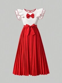 SHEIN Teen Girls Red & White Patchwork Pleated A-Line Dress, Flowy & Soft, Loose & Comfortable, Suitable For Casual Vacation, & Elegant, Wedding Guest - Red and White - View 1