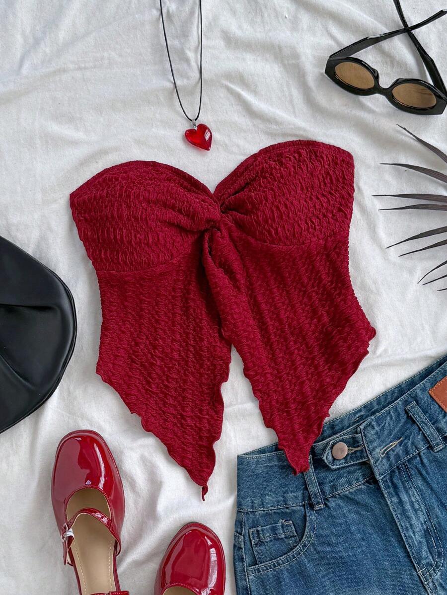 Soleia Romantic Casual Vacation White Textured Fabric Strapless Front Slit Chiffon Blouse, Versatile For Afternoon Tea & Getaway, Back To School Season