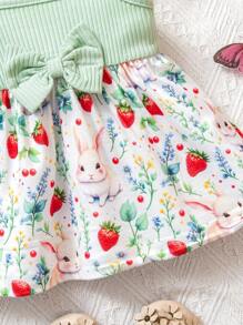 SHEIN Baby Girls Casual Cute Bear Heart Print Spaghetti Strap Infant Dress, Comfortable Daily Wear, Suitable For Spring/Summer, Valentine's Day - Green - View 6